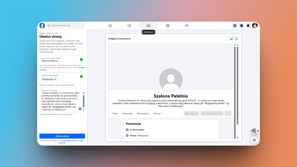 Tworzenie konta firmowego na Facebooku – wpisywanie danych firmy