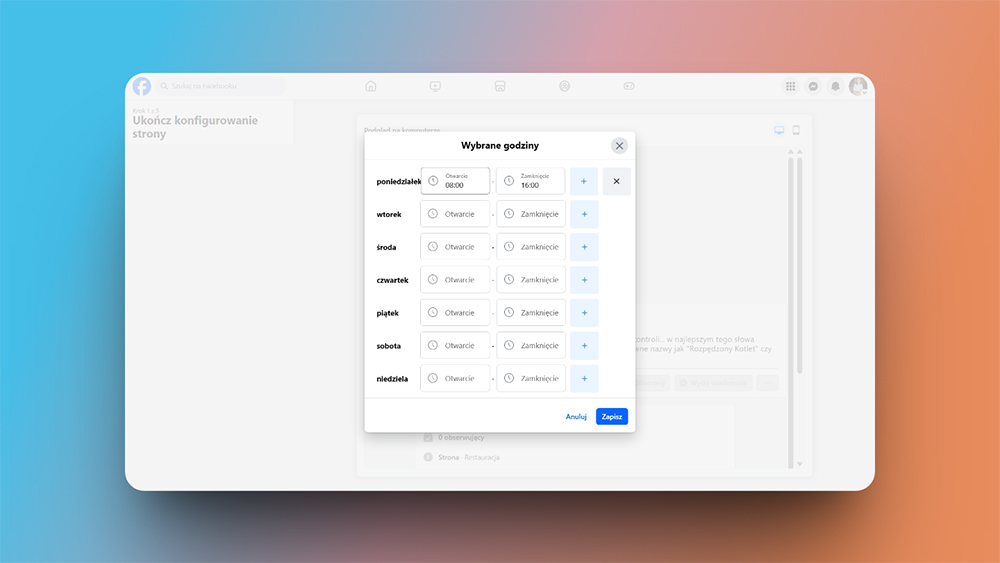 Ustawienie godzin otwarcia profilu firmowego na Facebooku