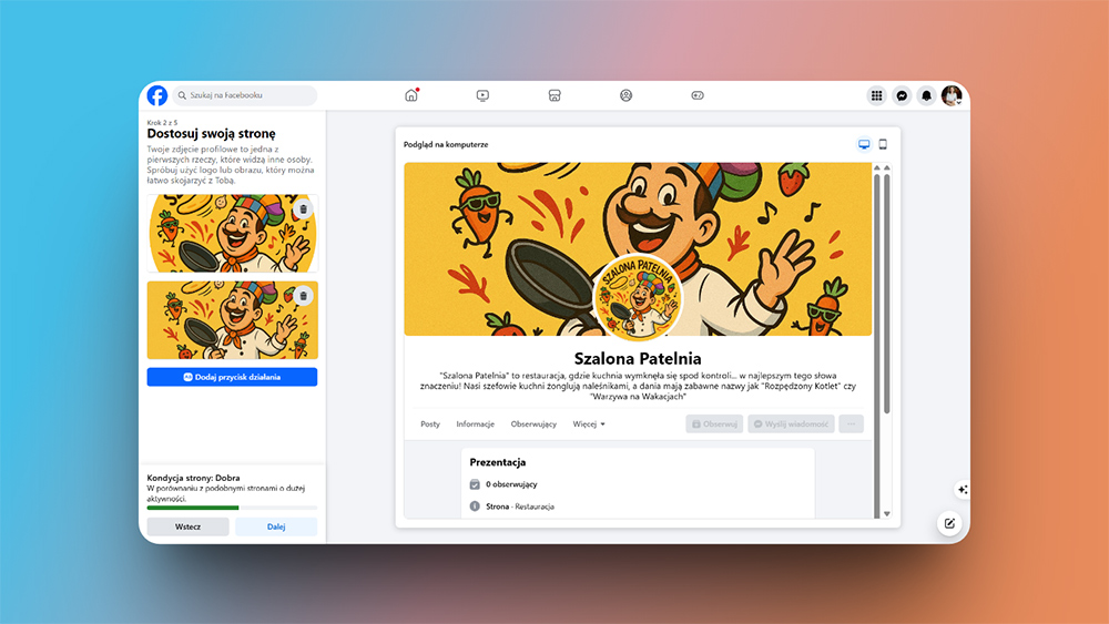 Widok gotowego konta firmowego na Facebooku ze zdjęciem i logo