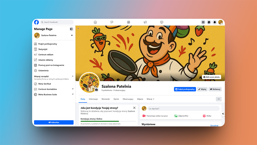 Podgląd strony firmowej na Facebooku po uzupełnieniu informacji